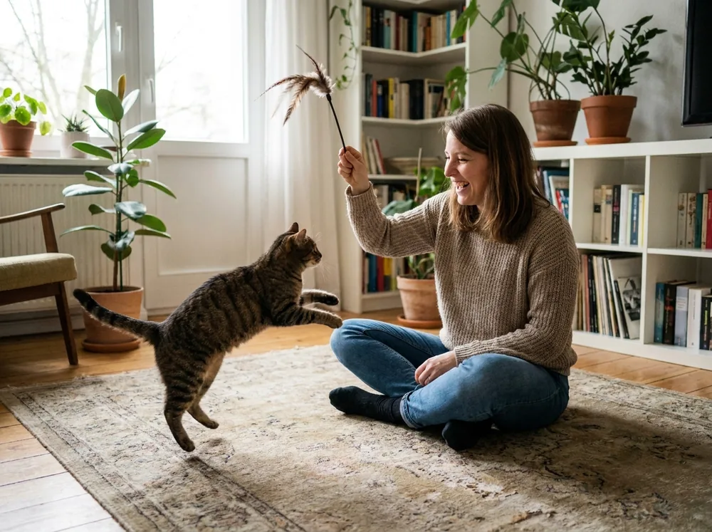Katrin spielt mit ihrer Katze