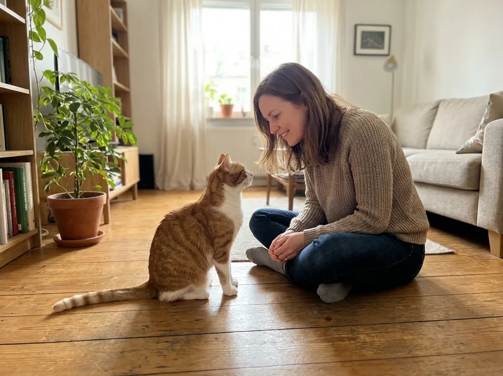 Katrin auf Augenhöhe mit ihrer Katze