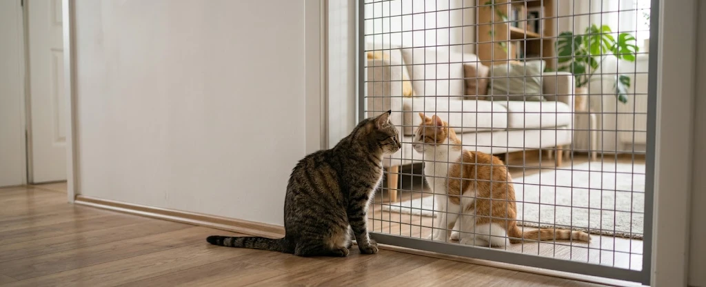 Getigerte Katze und rote Katze sitzen sich ruhig an einer Gittertür gegenüber und beschnuppern sich